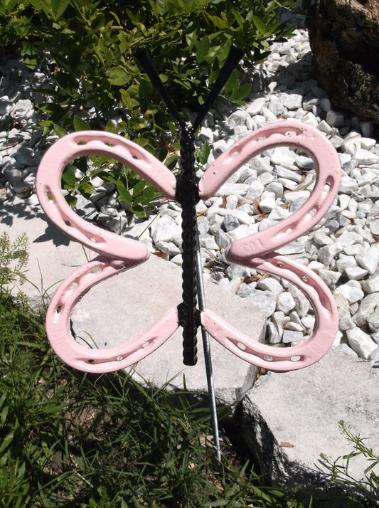 Pink Horseshoe Butterfly Garden Art, Garden Stake, yard art