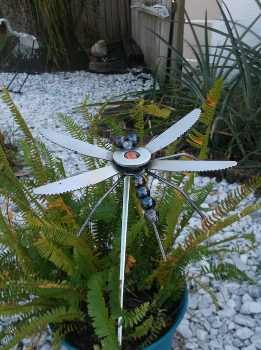 Orange Dragonfly Metal Sculpture, Garden Stake, yard art