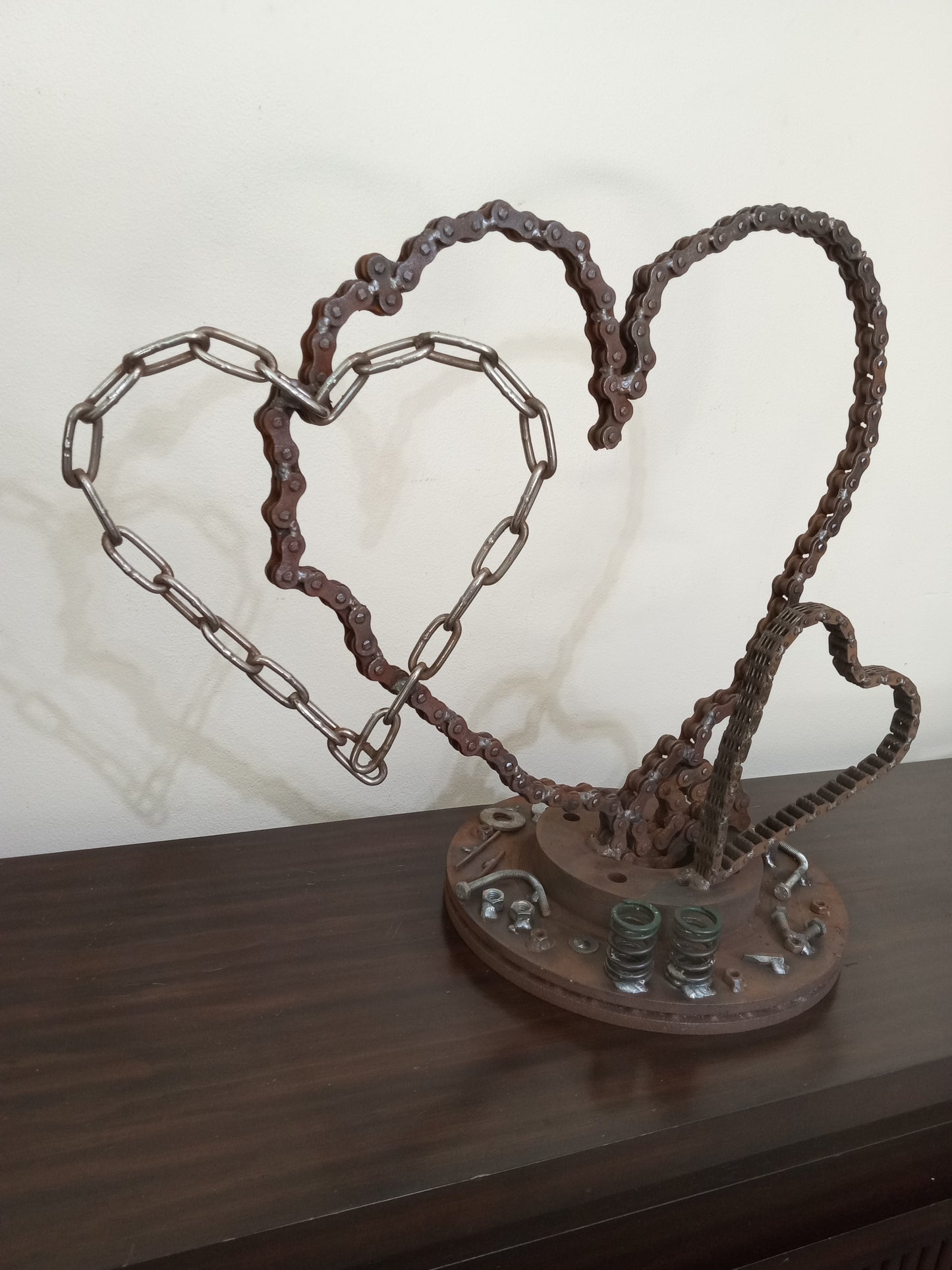 Metal Heart Sculpture of Motorcycle Chains, Rustic Up cycled Welded Metal Art