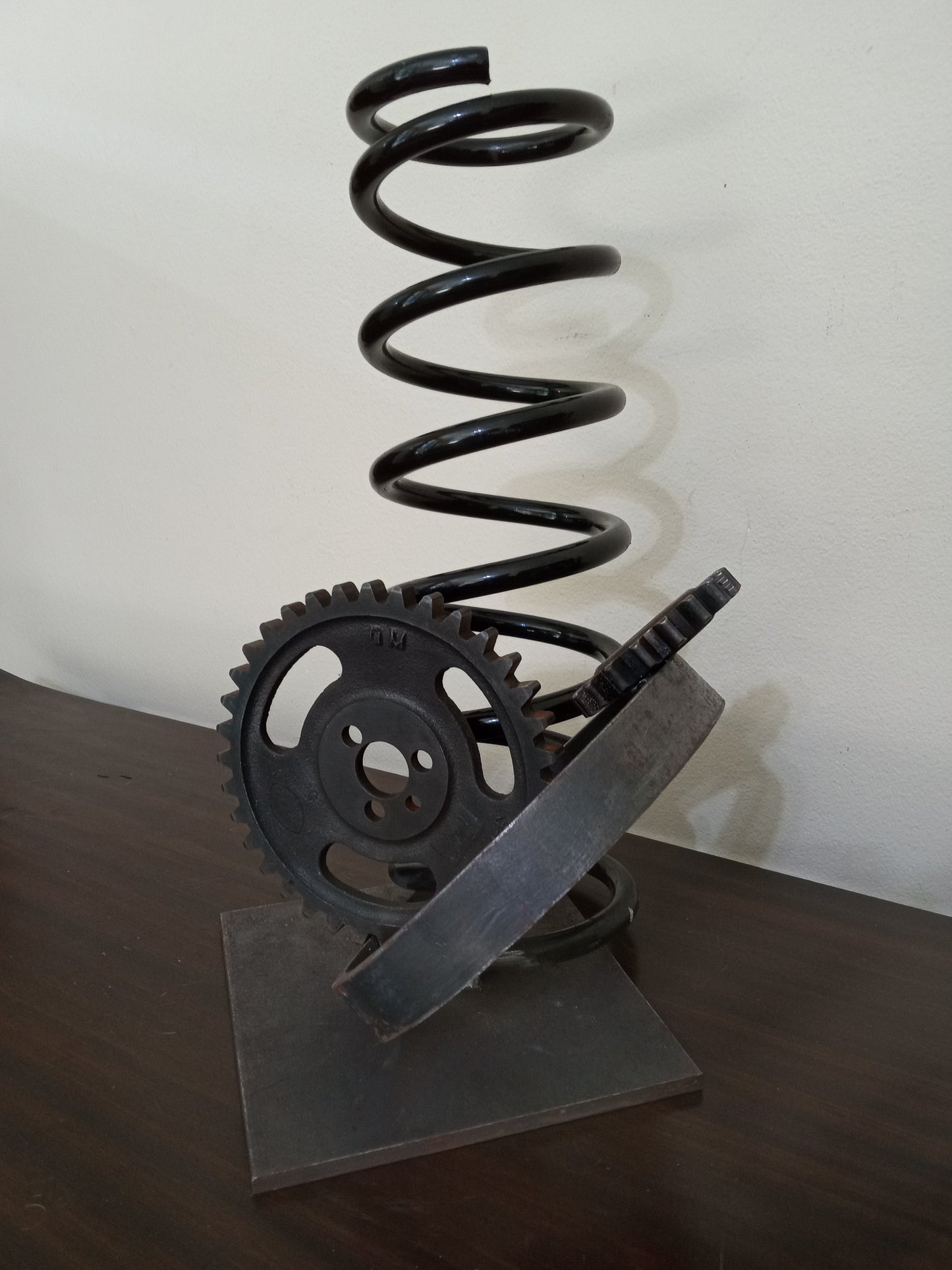 Rustic Metal Sculpture, Metal Gears, Spring and Up cycled Metal Pipe