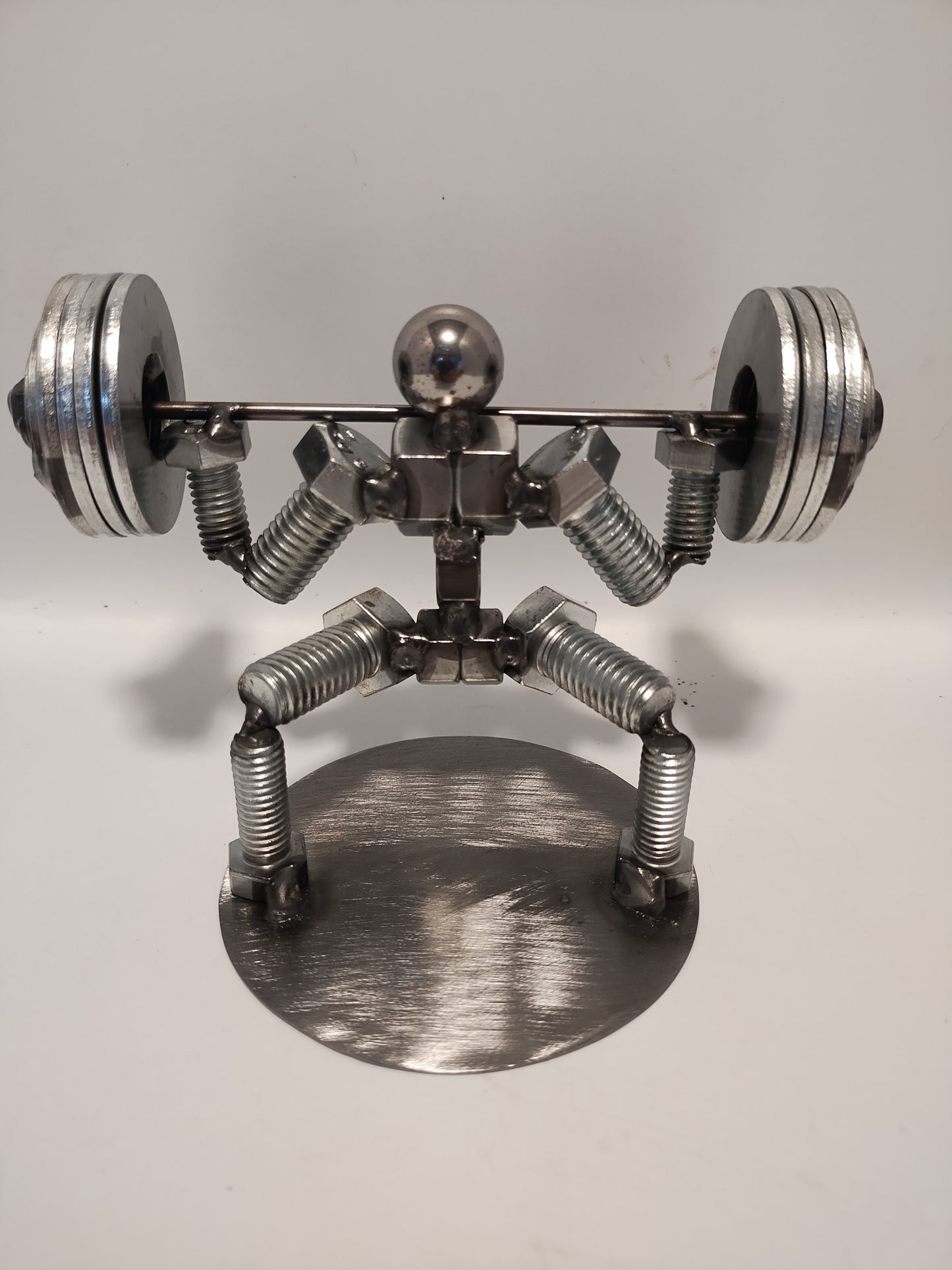 Squat 4 Plates, Weight Lifter Metal Bolt Figurine, Miniature Welded Art, Body Builder Athlete