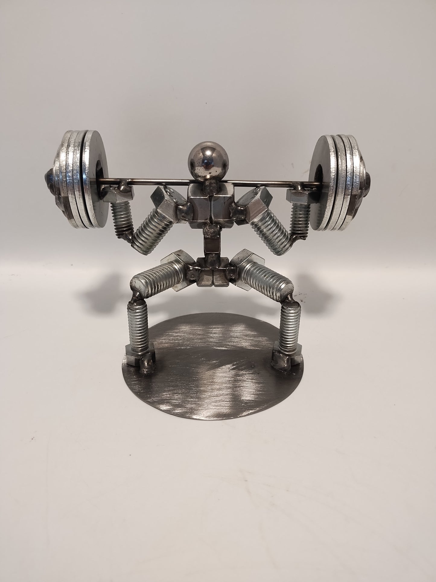 Squat 4 Plates, Weight Lifter Metal Bolt Figurine, Miniature Welded Art, Body Builder Athlete
