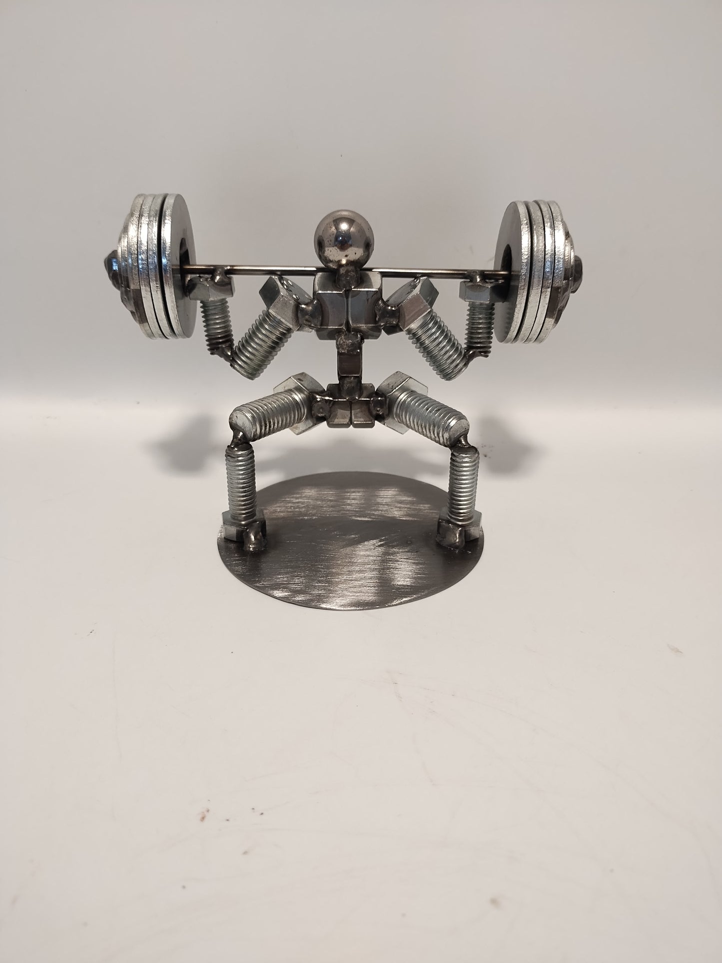 Squat 4 Plates, Weight Lifter Metal Bolt Figurine, Miniature Welded Art, Body Builder Athlete
