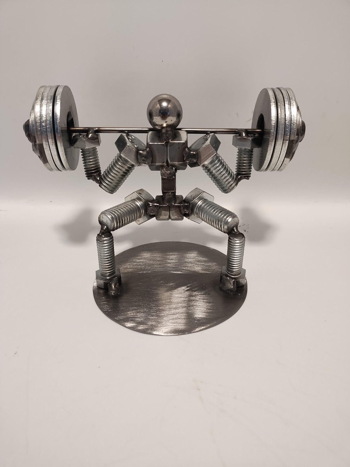 Squat 4 Plates, Weight Lifter Metal Bolt Figurine, Miniature Welded Art, Body Builder Athlete