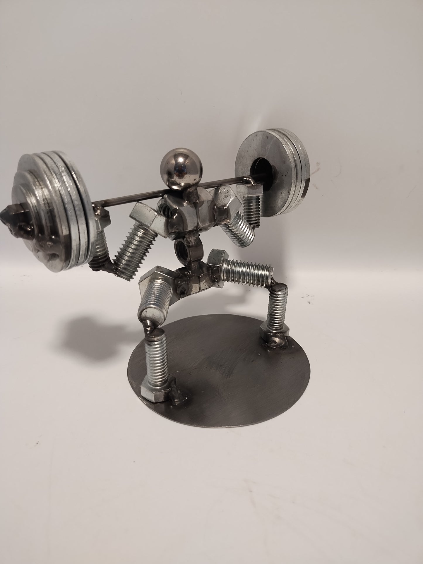 Squat 4 Plates, Weight Lifter Metal Bolt Figurine, Miniature Welded Art, Body Builder Athlete