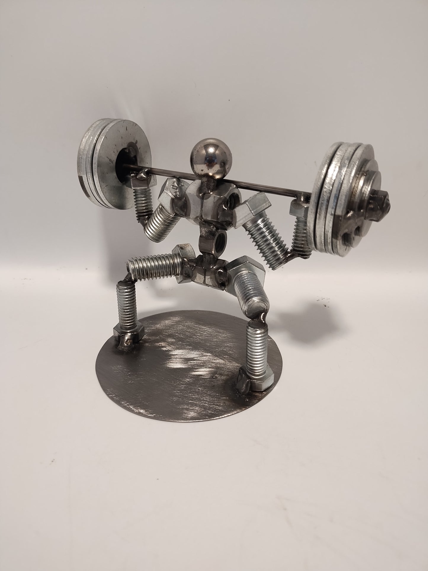 Squat 4 Plates, Weight Lifter Metal Bolt Figurine, Miniature Welded Art, Body Builder Athlete