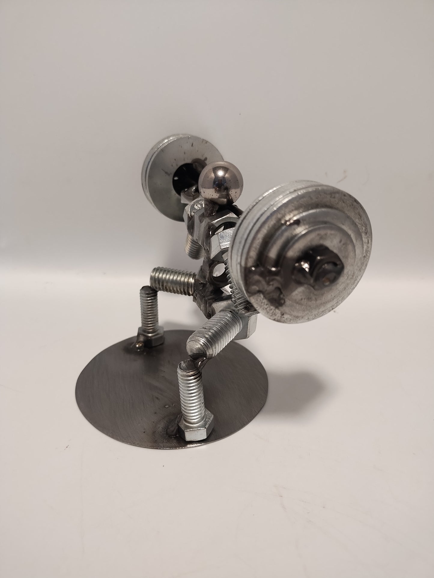 Squat 4 Plates, Weight Lifter Metal Bolt Figurine, Miniature Welded Art, Body Builder Athlete
