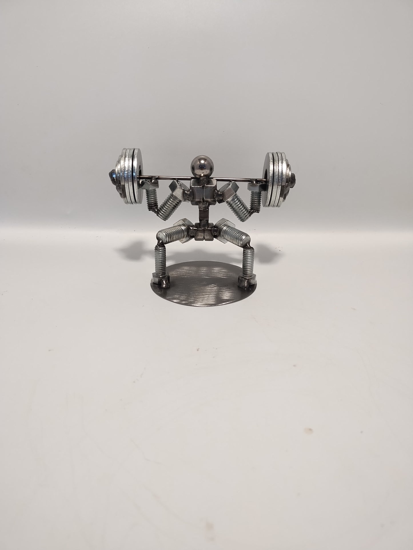 Squat 4 Plates, Weight Lifter Metal Bolt Figurine, Miniature Welded Art, Body Builder Athlete