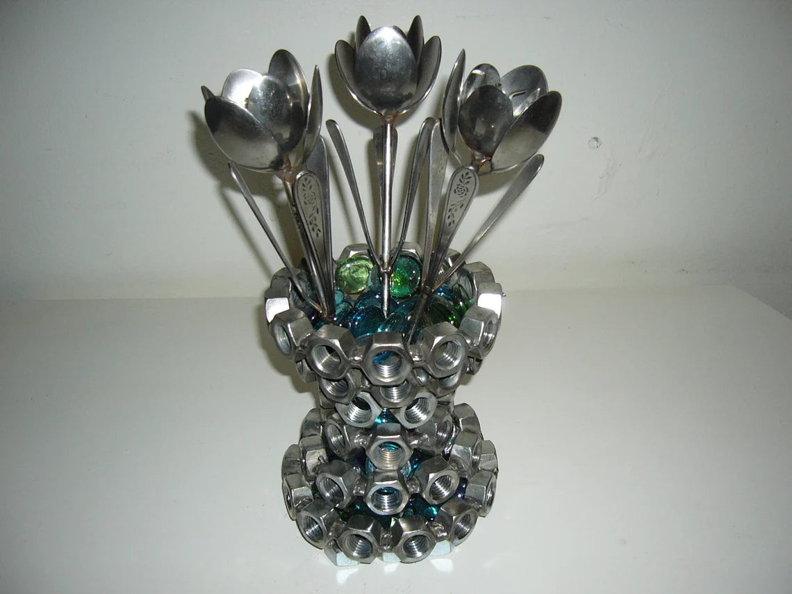 Vase Metal Recycled Art, Metal Art Home Decor,  Hand Made Recycled, Up cycled