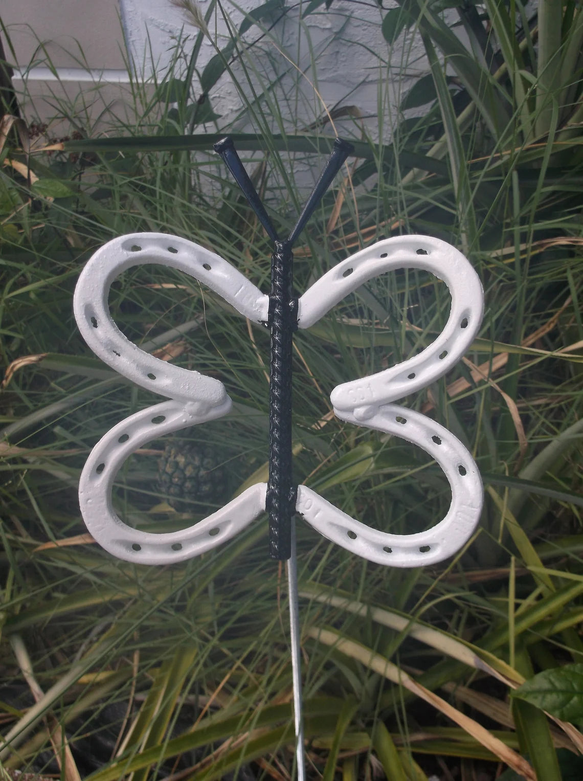 White Horseshoe Butterfly Garden Stake, Welded Metal Yard Art