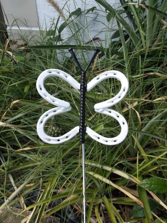 White Horseshoe Butterfly Garden Stake, Welded Metal Yard Art