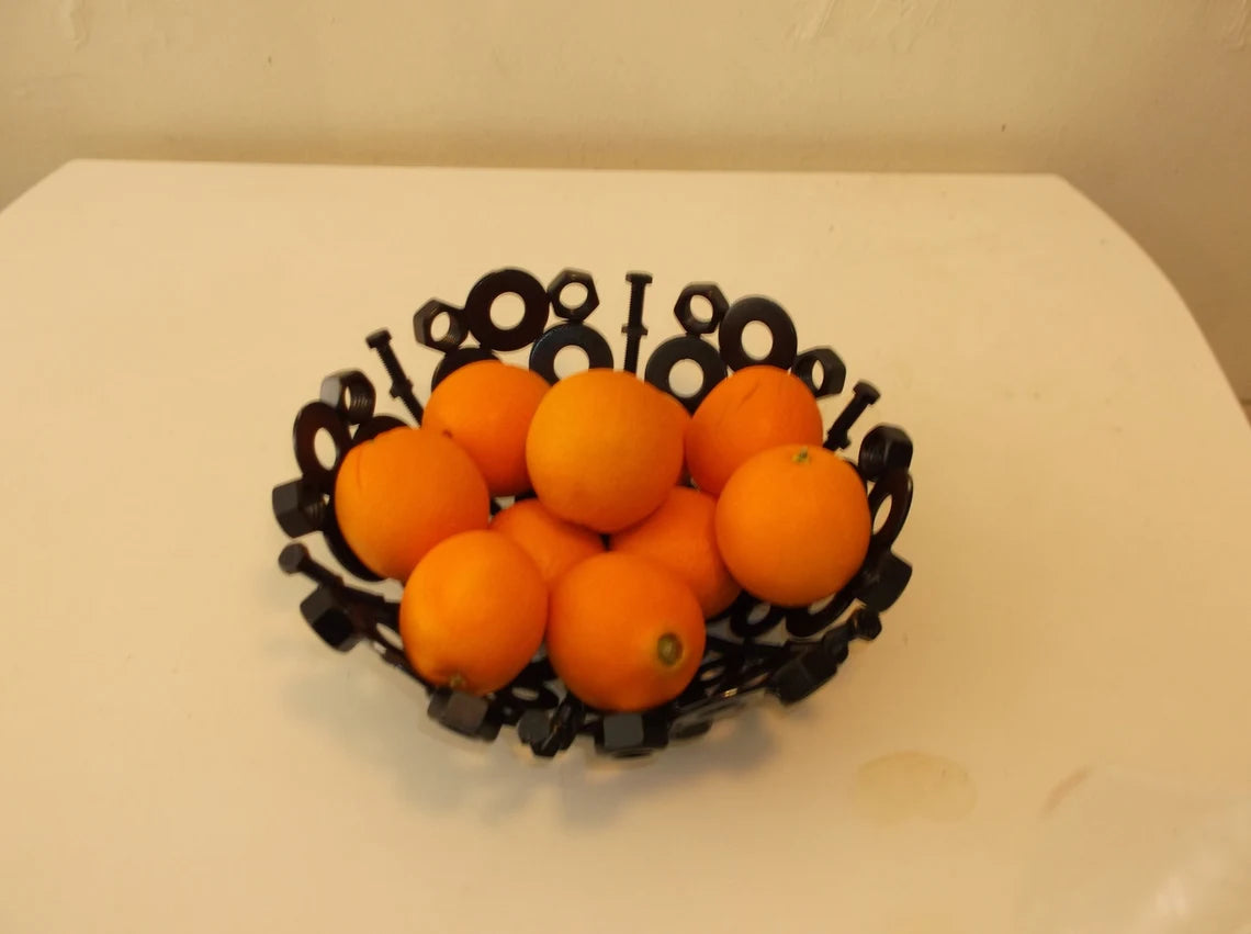 Black Metal Fruit Bowl, up cycled, recycled, welded art