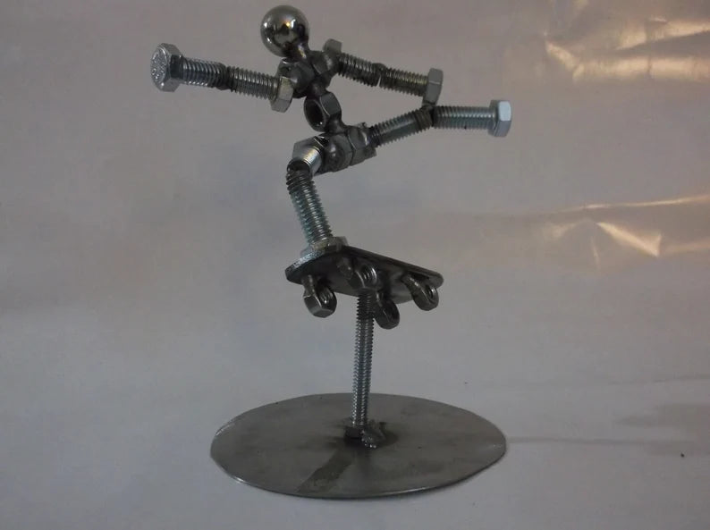 Skateboarder, Metal Bolt Figurine, Upcycled Metal Art