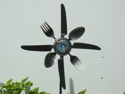 Blue Silverware Sunflower, Garden Art, metal yard stake