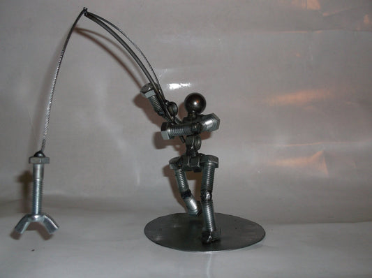 Fisherman, Angler, Metal Bolt Figurine, Upcycled Art
