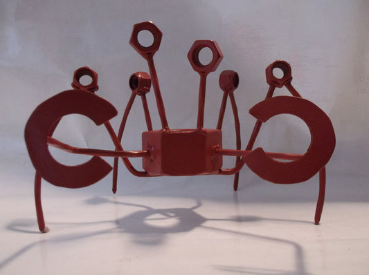 Red Metal Crab Sculpture, large up cycled welded art