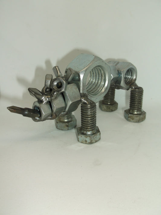 Rhino, Metal Sculpture, Zoo Animal, Miniature Up cycled Figurine
