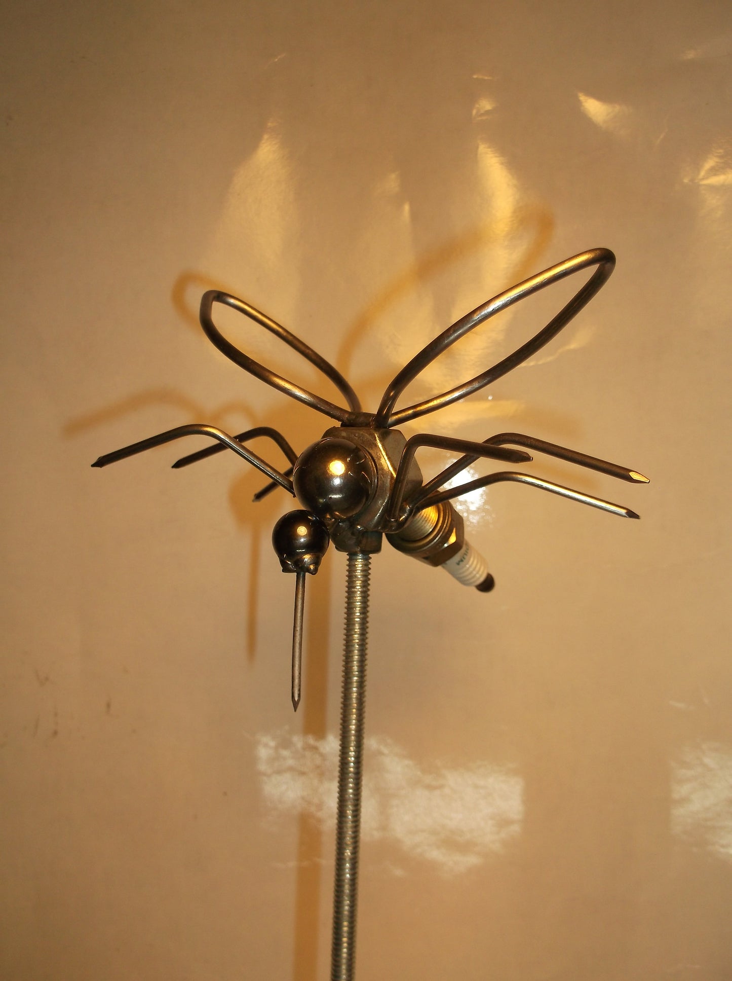 Mosquito Spark Plug Garden Stake, Metal Sculpture Insect, Up cycled yard Art