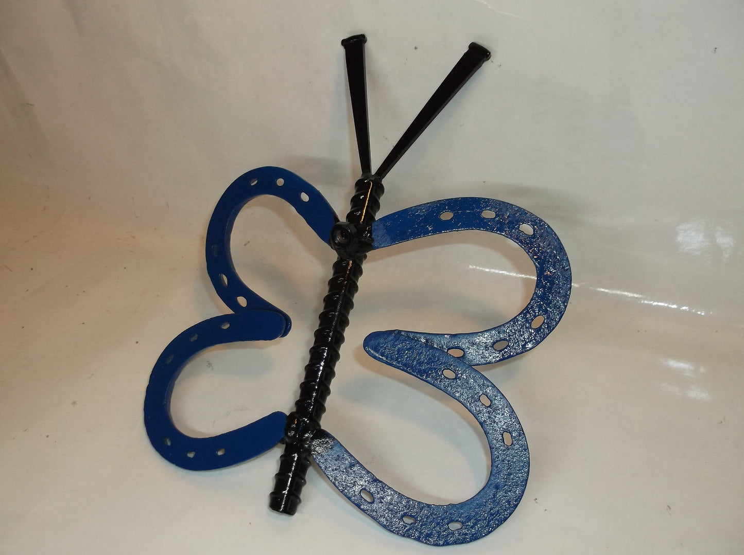Blue Horseshoe Butterfly Garden Stake, Welded Metal Yard Art