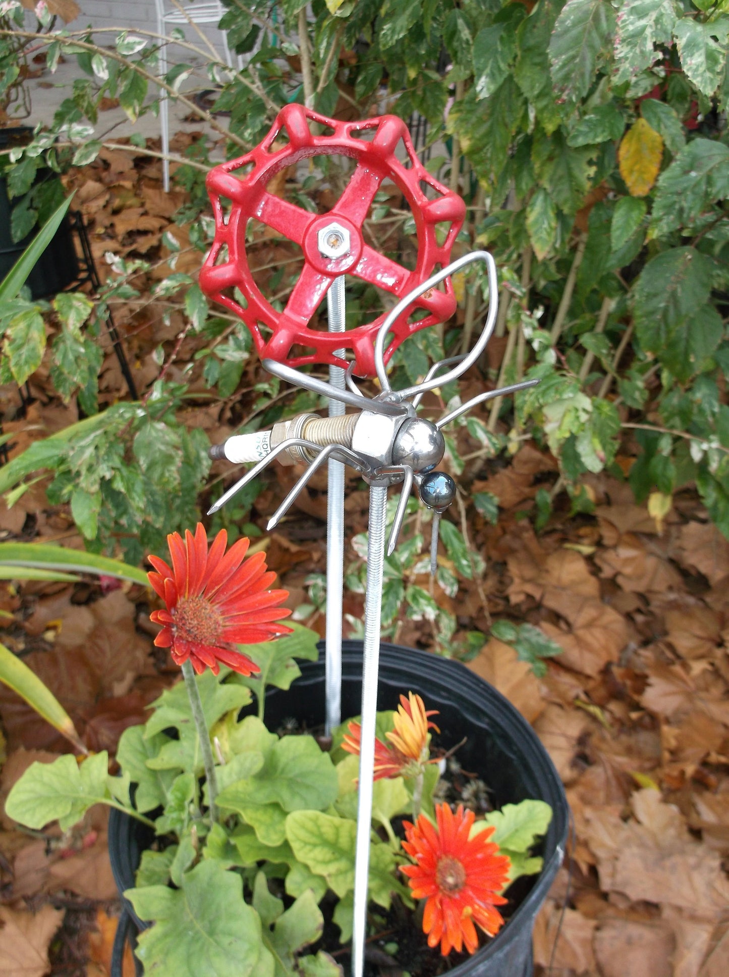 Mosquito Spark Plug Garden Stake, Metal Sculpture Insect, Up cycled yard Art