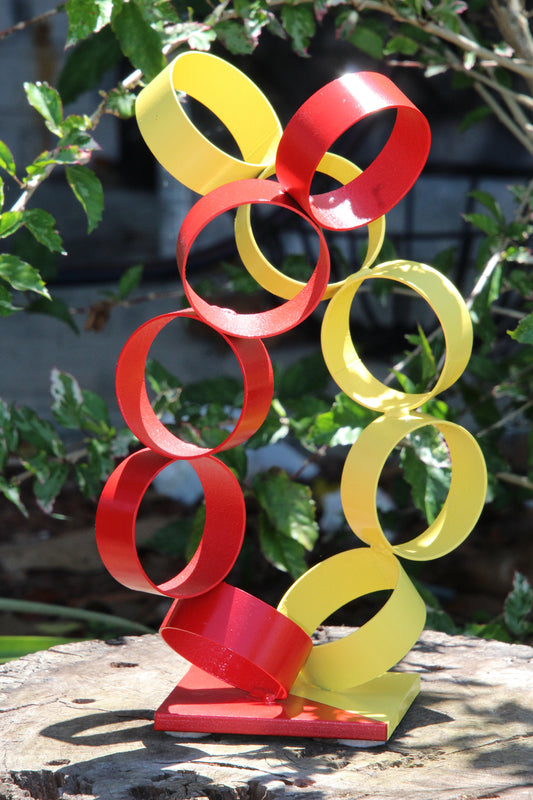 Twisted Metal Rings, Abstract Sculpture, Red & Yellow Modern Welded Art