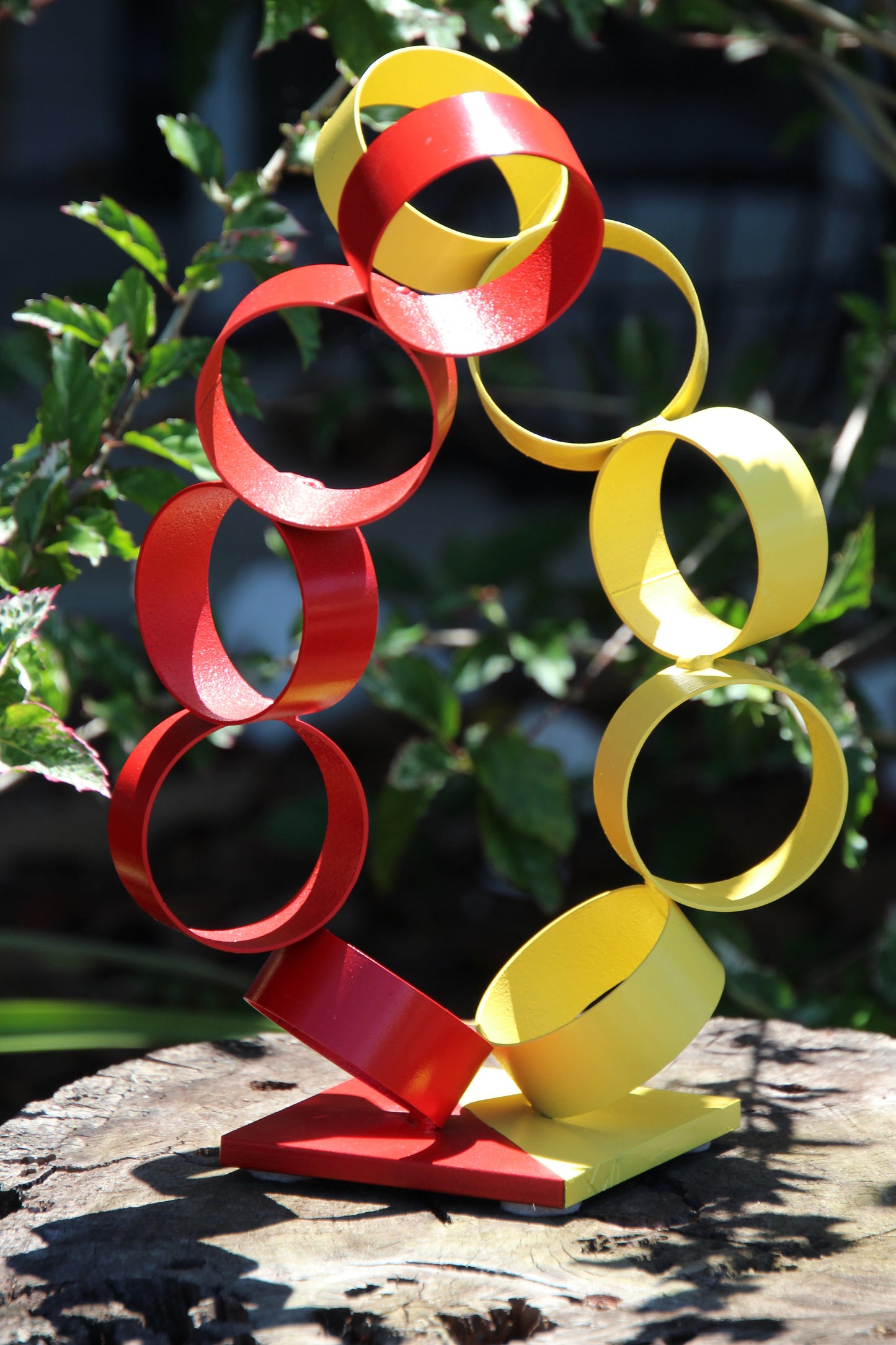 Twisted Metal Rings, Abstract Sculpture, Red & Yellow Modern Welded Art