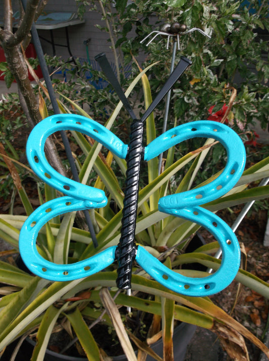 Teal Blue Horseshoe Butterfly Garden Art, Garden Stake, yard art