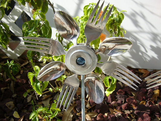 Blue Spoon and Fork Sunflower, Garden Art, Yard Art