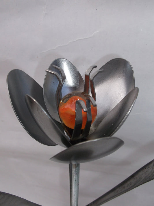 Orange Metal Tulip Spoon Flower, Recycled Silverware Flower