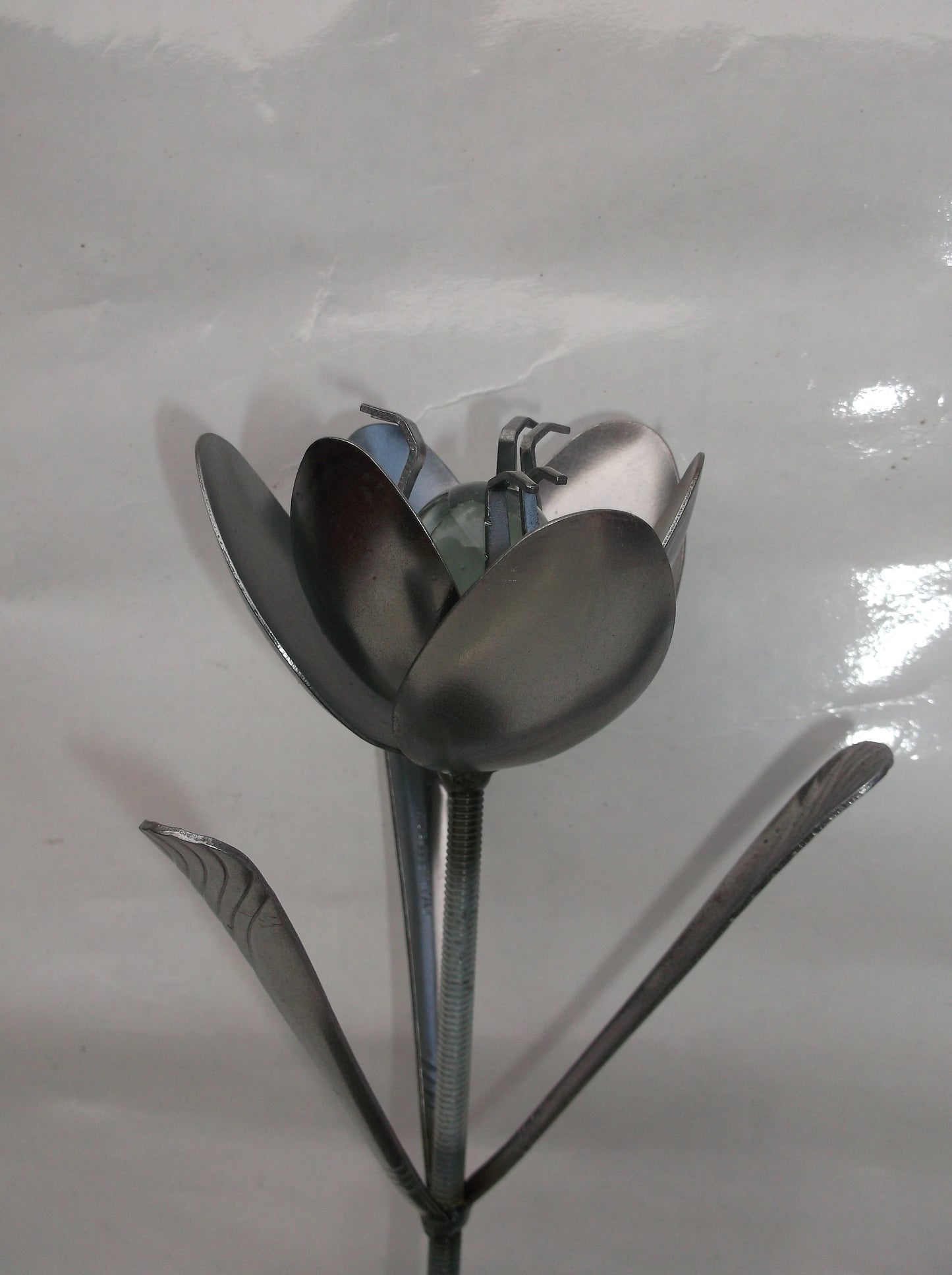 White Tulip, Metal Art Spoon Flower, Recycled Silverware