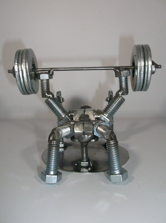 Bench Press 4 Plates Metal Bolt Weight Lifter Figurine, Power Lifter