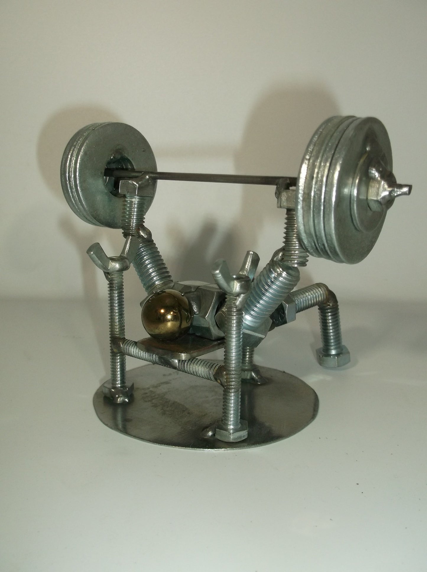 Bench Press 4 Plates Metal Bolt Weight Lifter Figurine, Power Lifter