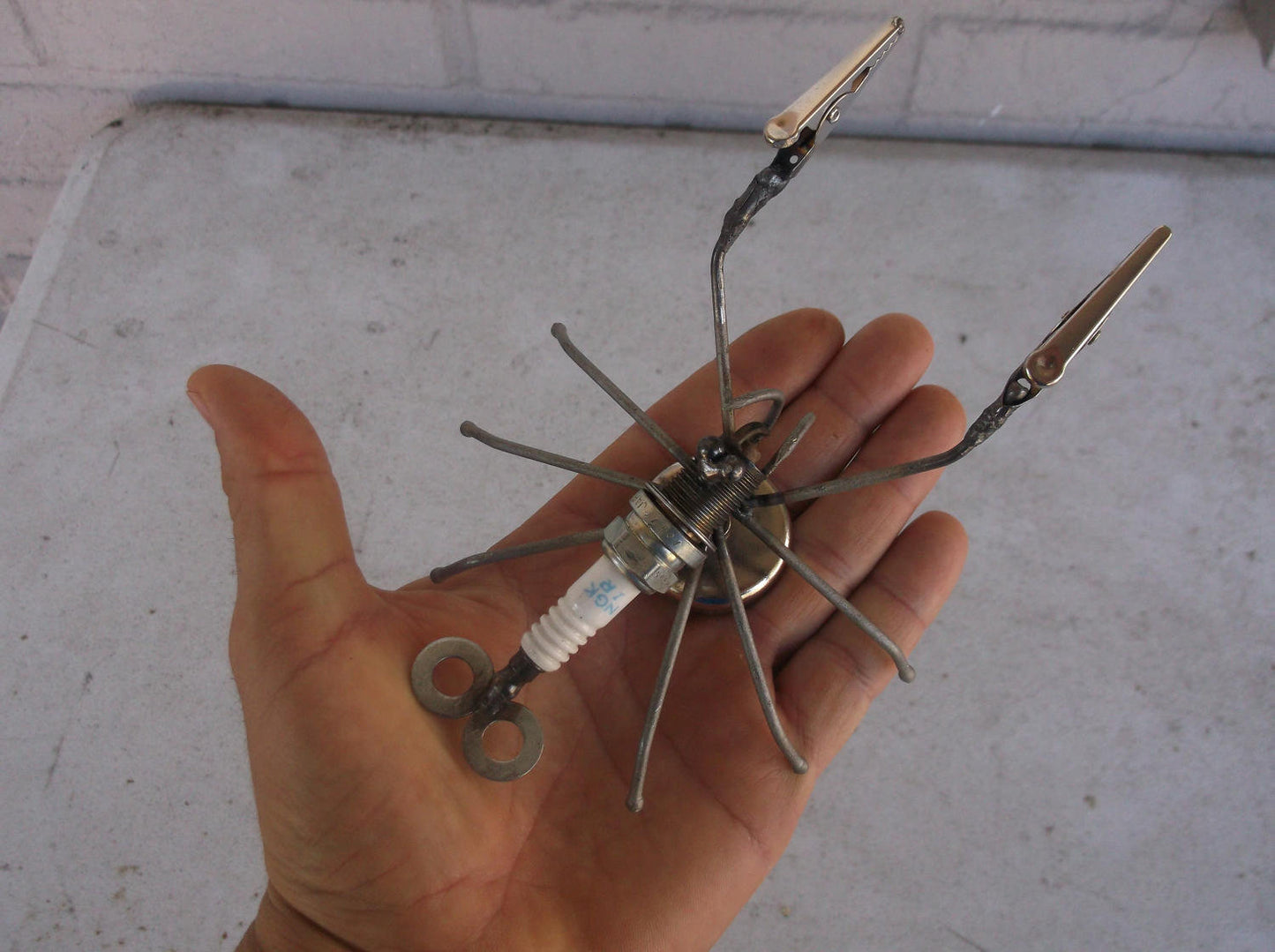 Shrimp Metal Magnet, Miniature Spark Plug Welded Art