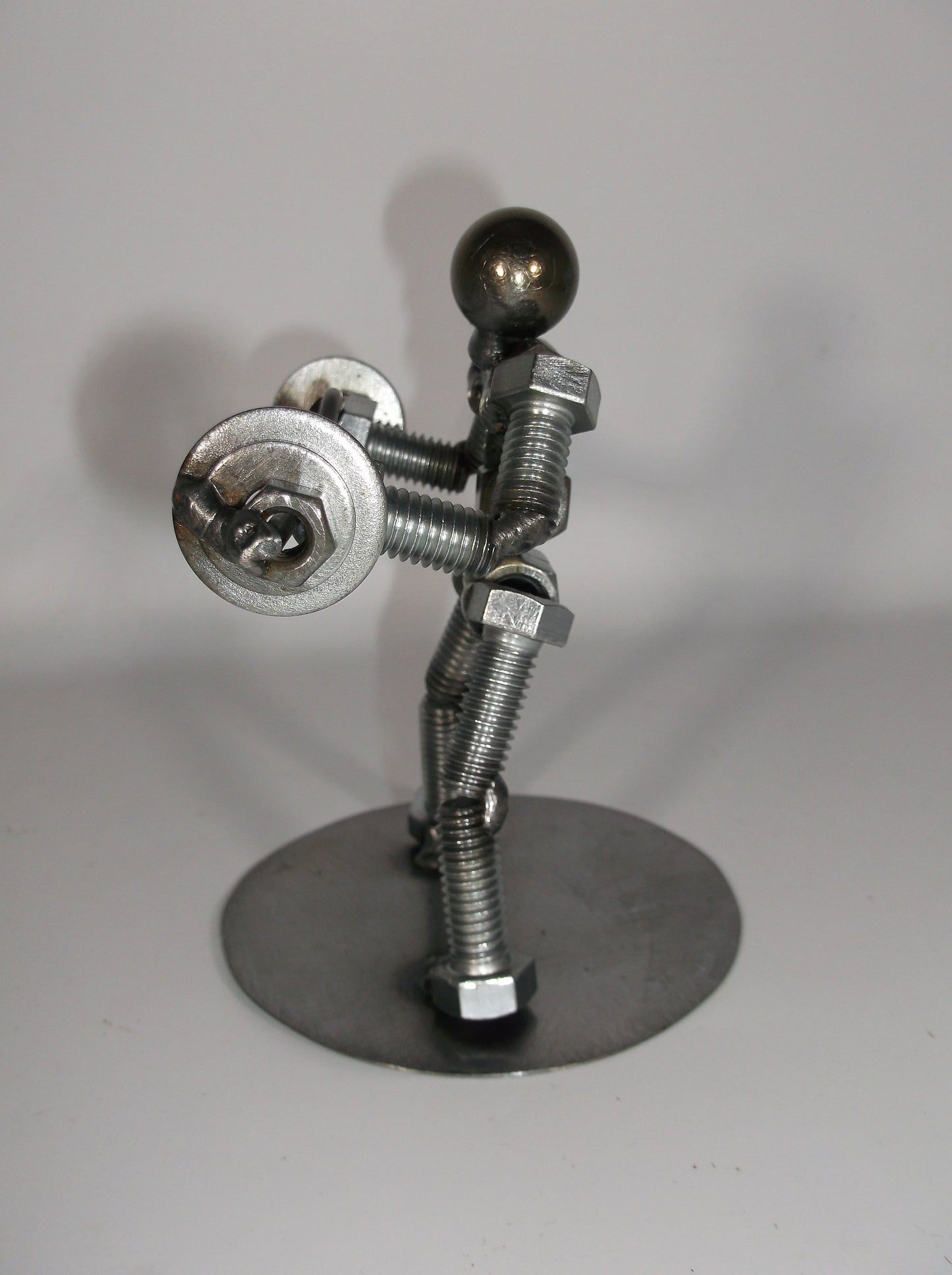 Preacher Curl Weight Lifter, Metal Bolt Figurine, Curl Bar, Up cycled Metal Art