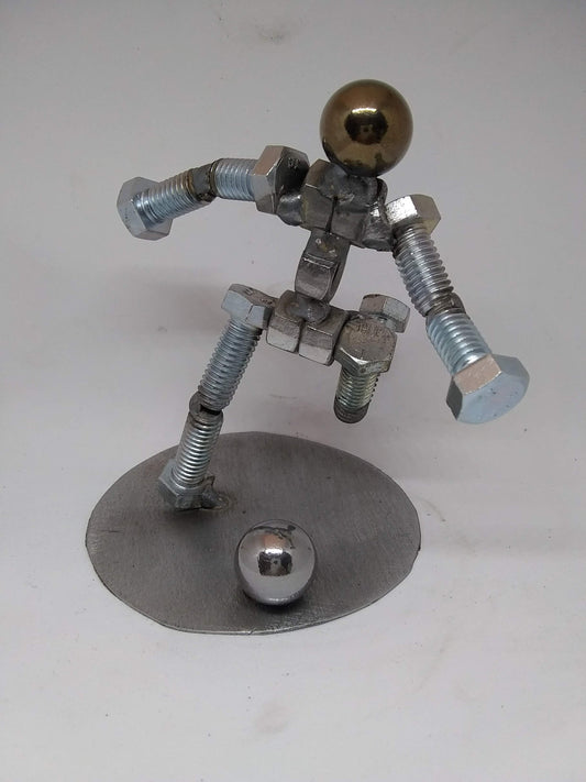 Soccer Player Metal Bolt Figurine, Kick shot athlete, Upcycled Metal Art