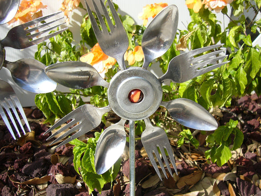 Orange Spoon and Fork Sunflower, Garden Art, yard art