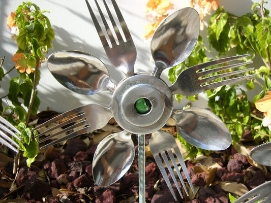 Green Spoon and Fork Sunflower, Garden Art, Garden Stake, Yard Art