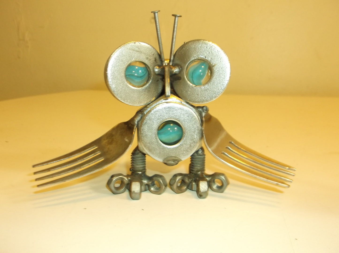 Blue Owl, Metal Sculpture up cycled magnet art