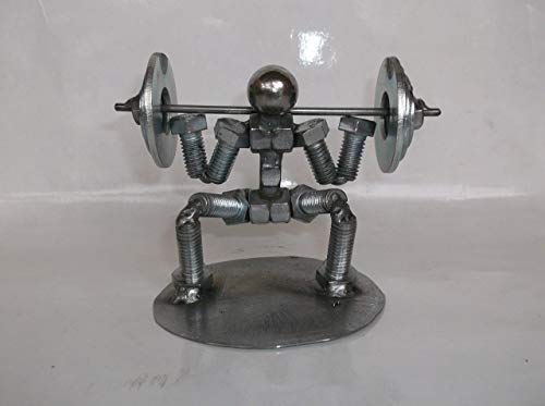 Squat Weight Lifter Metal Bolt Figurine, Miniature Athlete