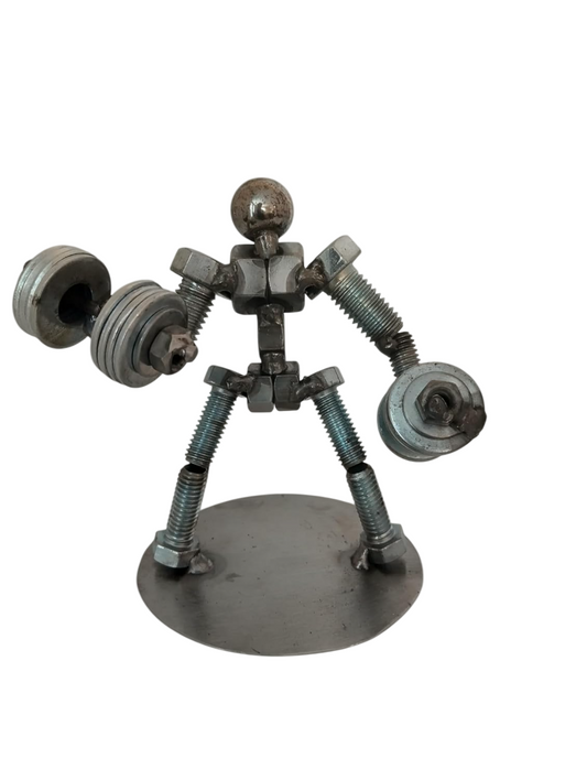 Mega Dumbbell Curl Weight Lifter, Body Builder Metal Bolt Figurine, Athlete Exercise Personal Trainer