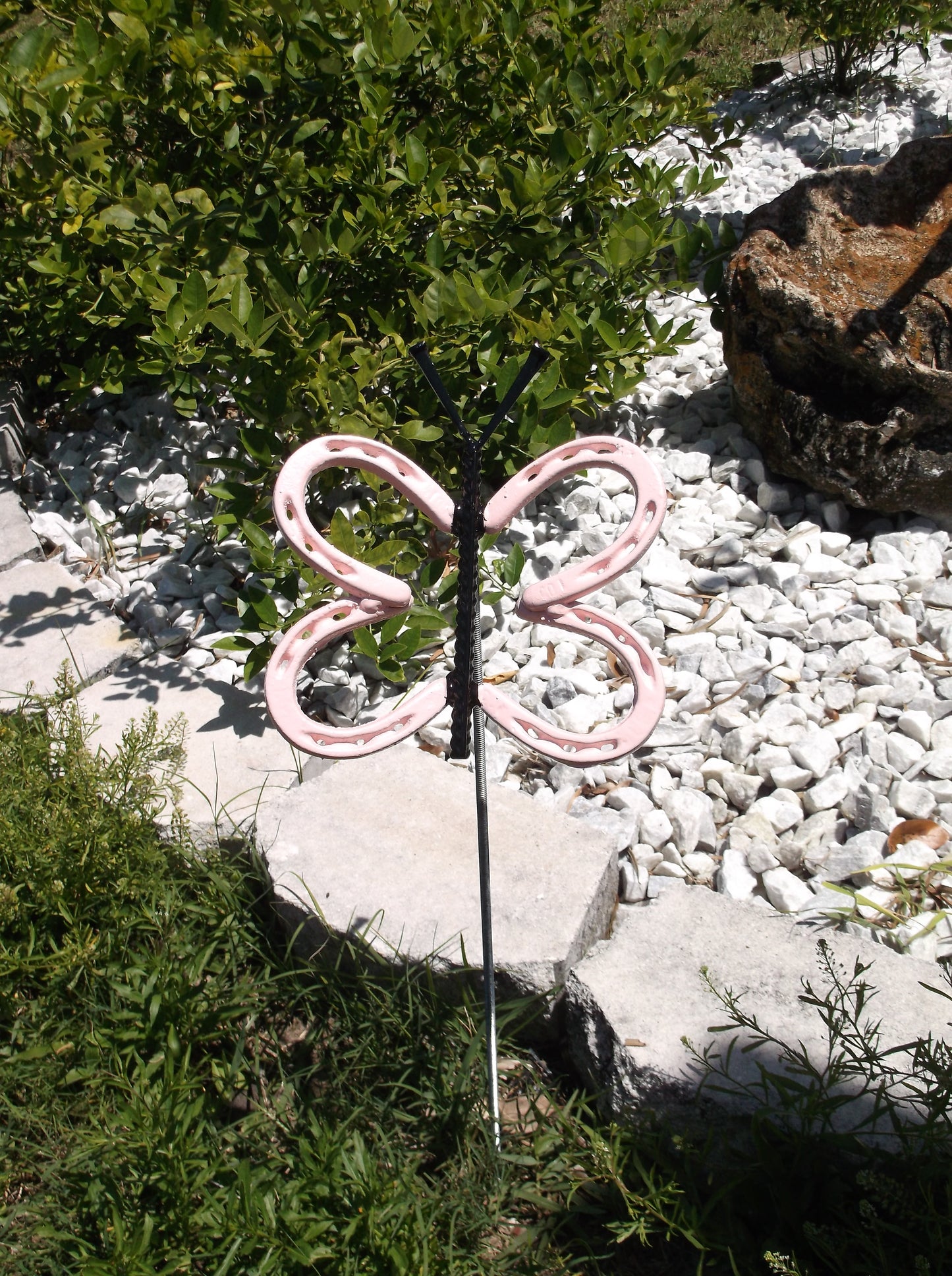 Pink Horseshoe Butterfly Garden Art, Garden Stake, yard art