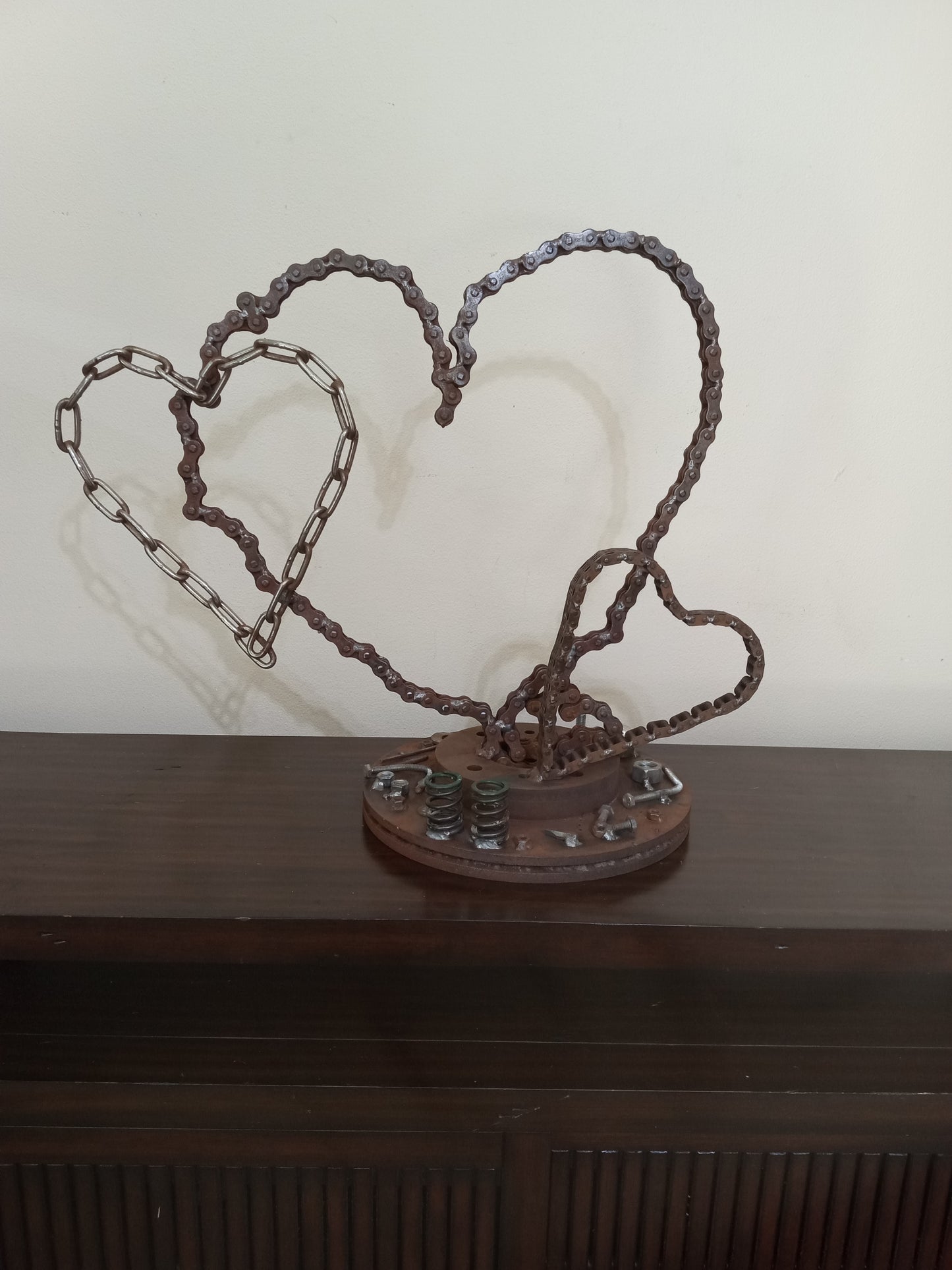 Metal Heart Sculpture of Motorcycle Chains, Rustic Up cycled Welded Metal Art
