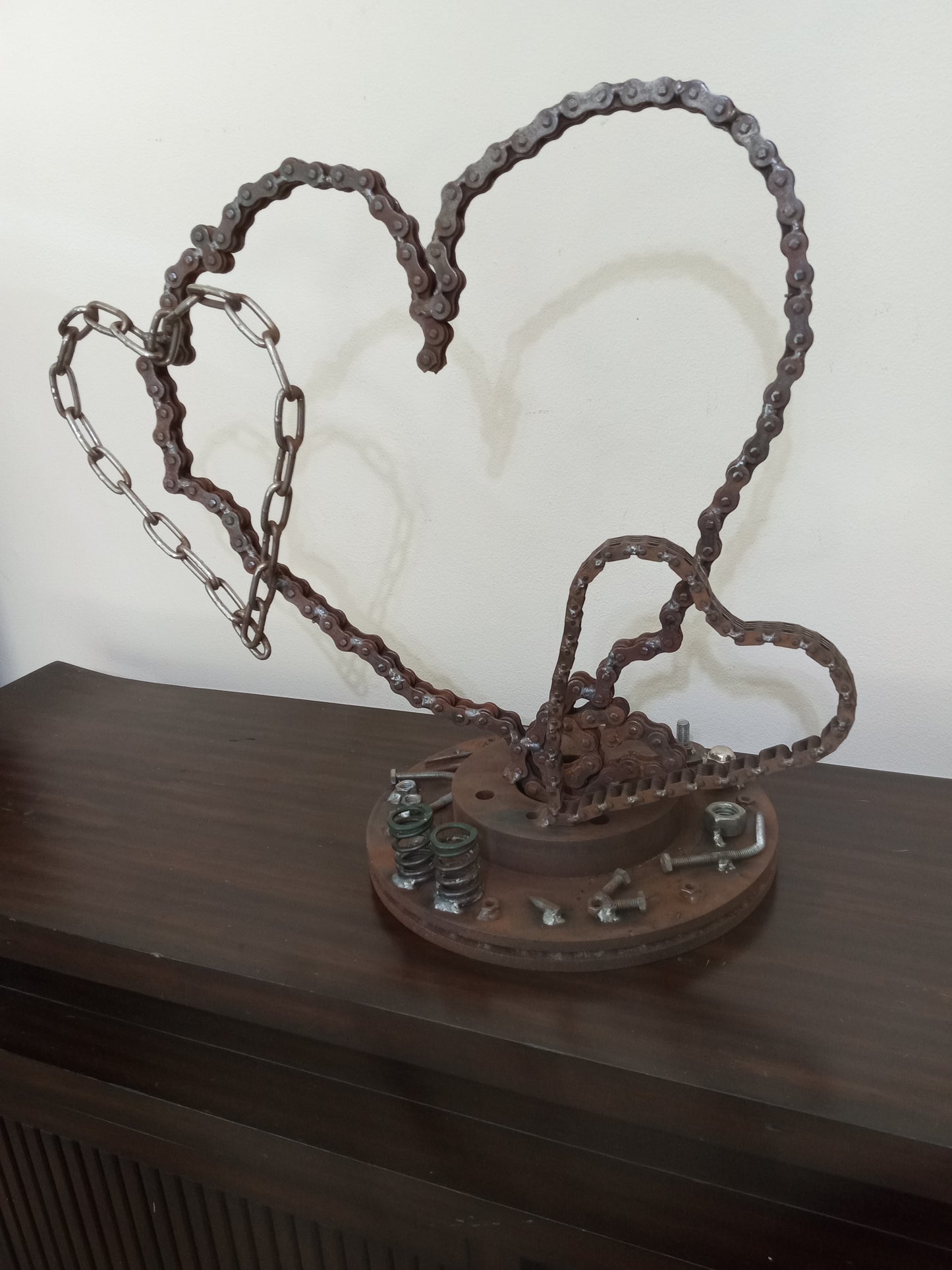 Metal Heart Sculpture of Motorcycle Chains, Rustic Up cycled Welded Metal Art