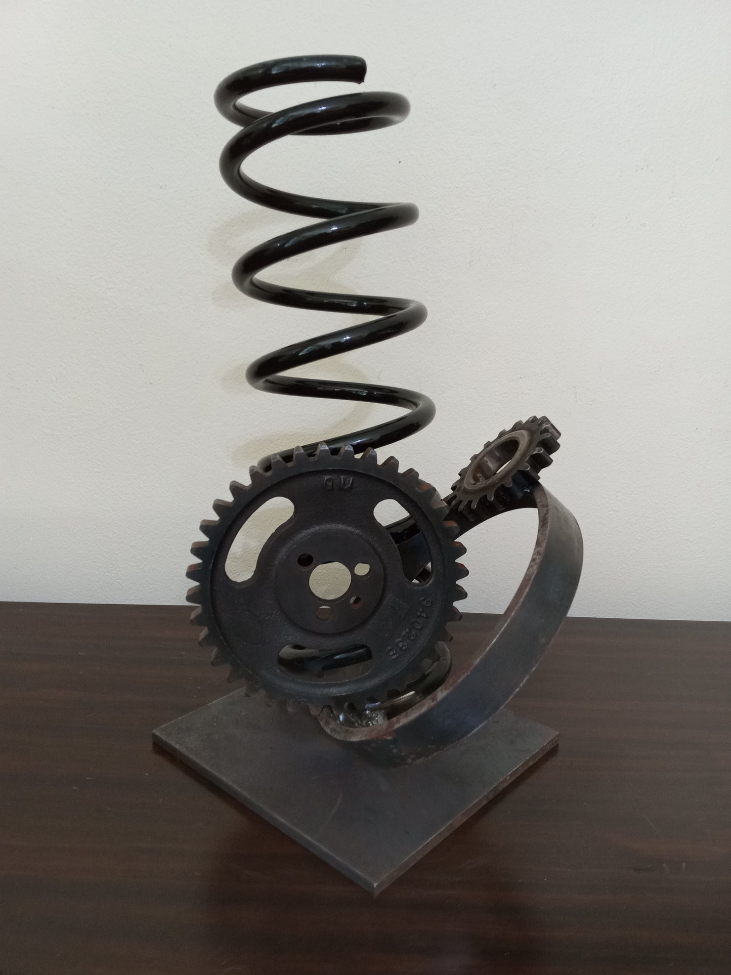 Rustic Metal Sculpture, Metal Gears, Spring and Up cycled Metal Pipe