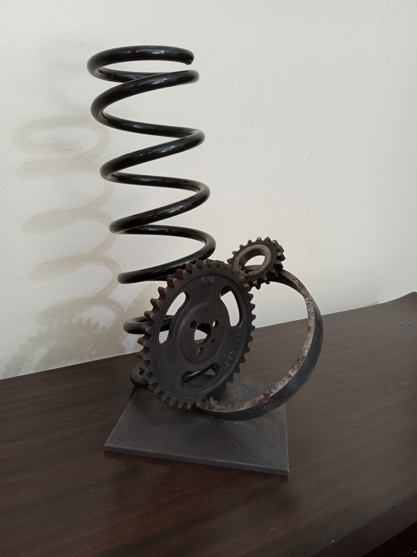 Rustic Metal Sculpture, Metal Gears, Spring and Up cycled Metal Pipe