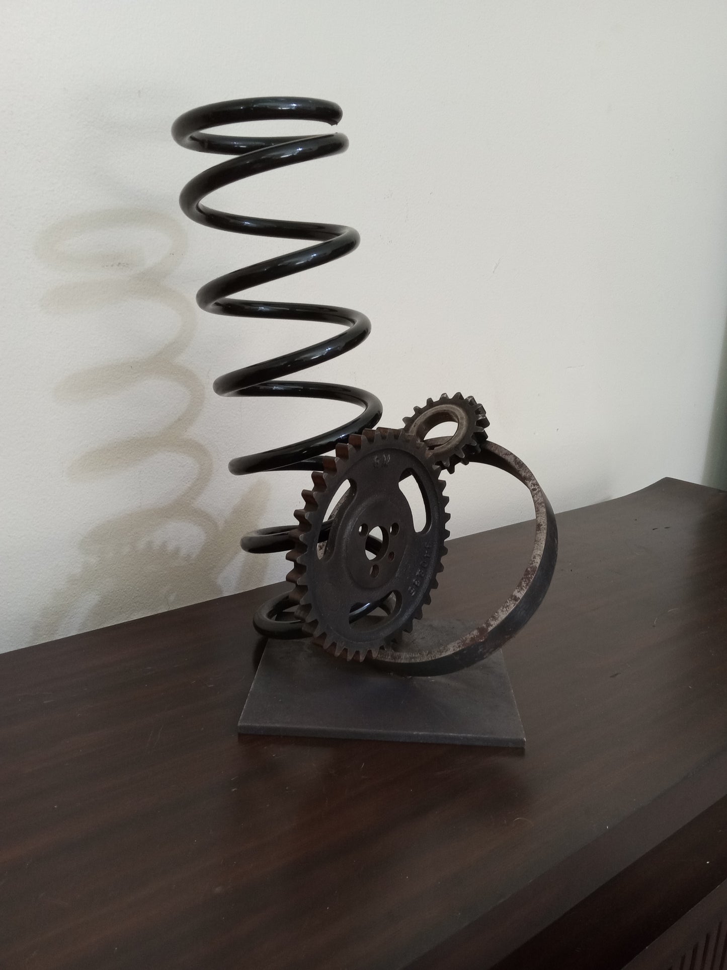 Rustic Metal Sculpture, Metal Gears, Spring and Up cycled Metal Pipe