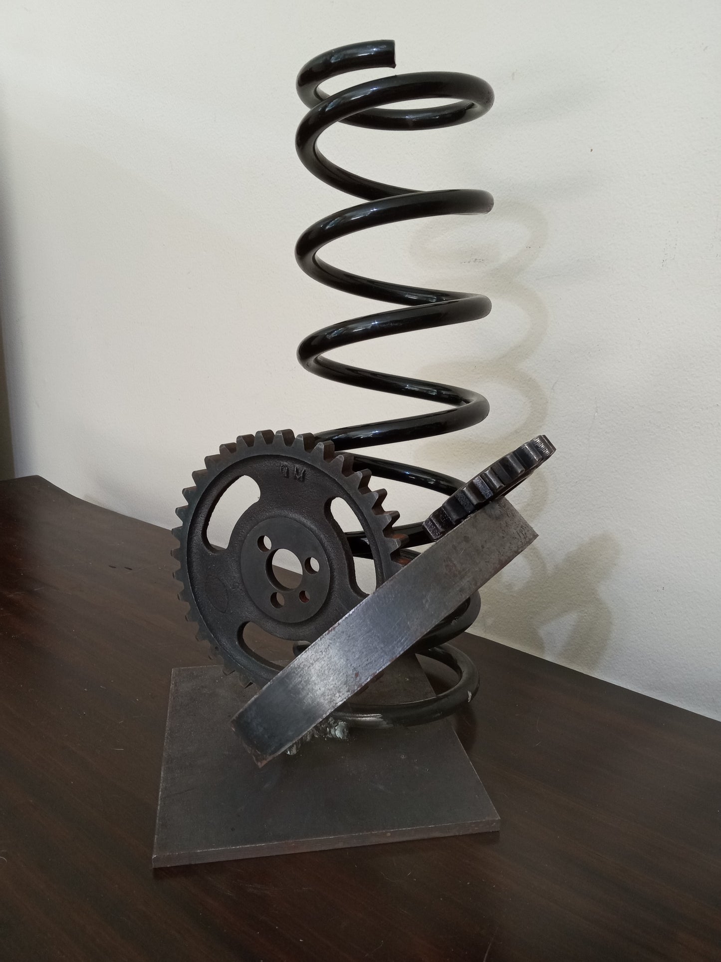 Rustic Metal Sculpture, Metal Gears, Spring and Up cycled Metal Pipe