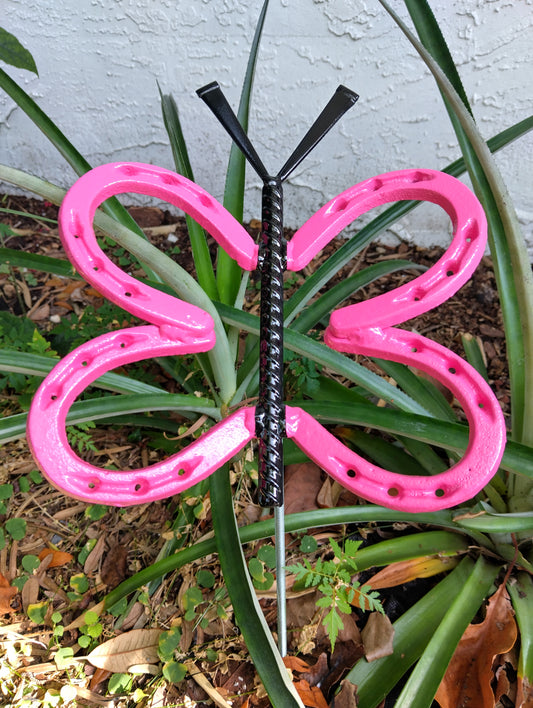 Hot Pink Horseshoe Butterfly Garden Stake, Welded Metal Yard Art