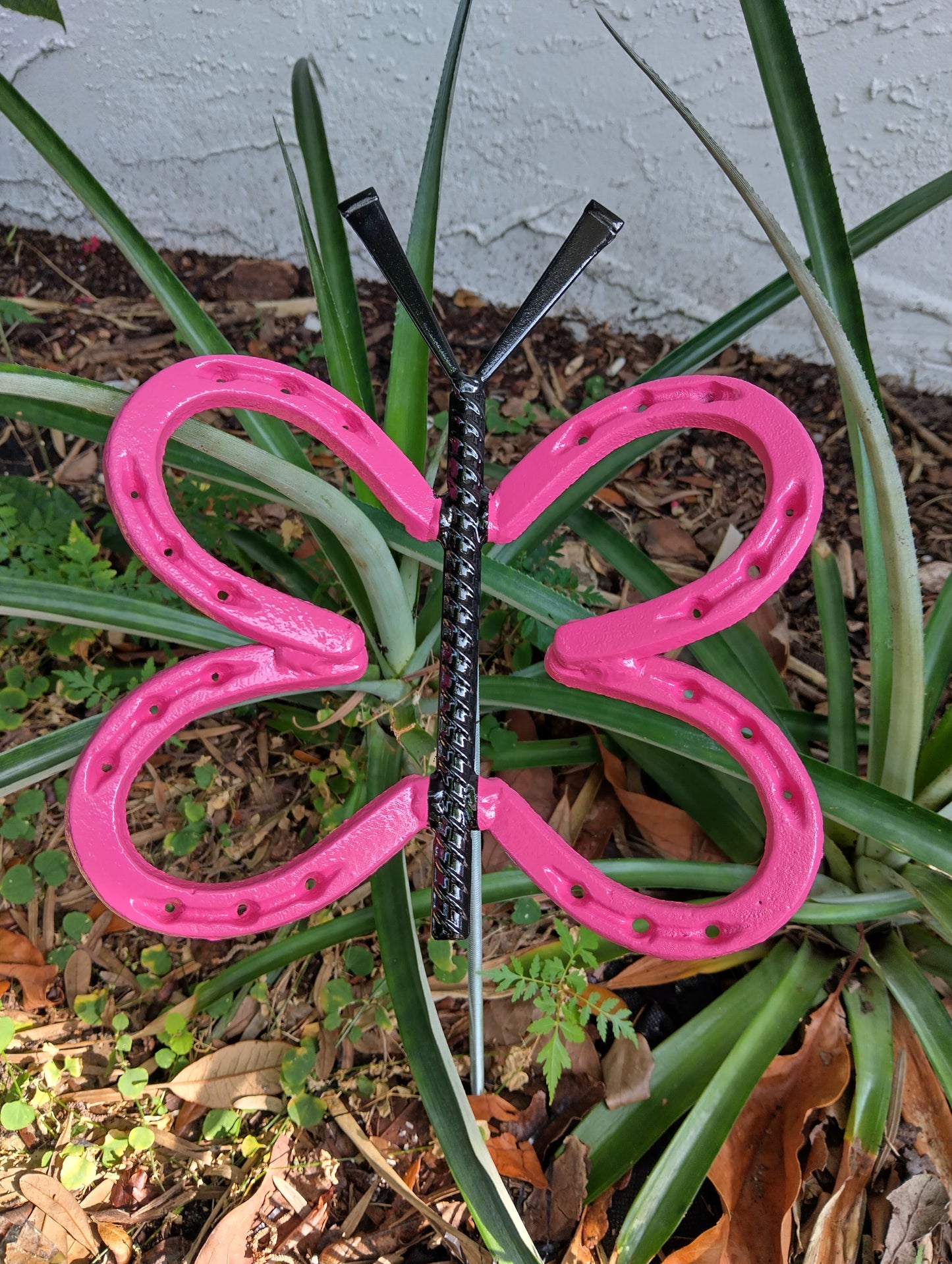 Hot Pink Horseshoe Butterfly Garden Stake, Welded Metal Yard Art