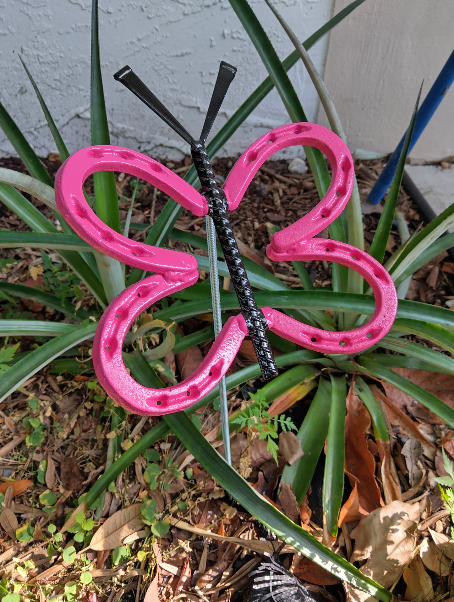 Hot Pink Horseshoe Butterfly Garden Stake, Welded Metal Yard Art
